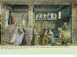 Figure 16-24  DOMENICO GHIRLANDAIO,  Birth of the Virgin , Cappella Maggiore, Santa Maria Novella, Florence, Italy, 1485–1490. Fresco, 24’   4” x   14’   9”. 