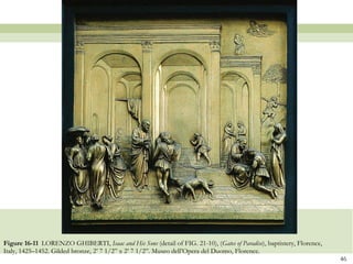 Figure 16-11  LORENZO GHIBERTI,  Isaac and His Sons  (detail of FIG. 21-10), ( Gates of Paradise ), baptistery, Florence, Italy, 1425–1452. Gilded bronze, 2’ 7 1/2” x 2’ 7 1/2”. Museo dell’Opera del Duomo, Florence.  