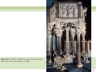 Figure 14-2  NICOLA PISANO, pulpit of the baptistery, Pisa, Italy, 1259–1260. Marble, 15’ high.  