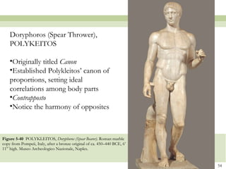 Figure 5-40   POLYKLEITOS,  Doryphoros (Spear Bearer) . Roman marble copy from Pompeii, Italy, after a bronze original of ca. 450–440 BCE, 6’ 11” high. Museo Archeologico Nazionale, Naples. Doryphoros (Spear Thrower), POLYKEITOS Originally titled  Canon Established Polykleitos’ canon of proportions, setting ideal correlations among body parts Contrapposto Notice the harmony of opposites 