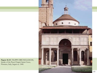 Figure 16-33  FILIPPO BRUNELLESCHI, facade of the Pazzi Chapel, Santa Croce, Florence, Italy, begun ca. 1440.  
