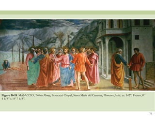 Figure 16-18  MASACCIO,  Tribute Money , Brancacci Chapel, Santa Maria del Carmine, Florence, Italy, ca. 1427. Fresco, 8’ 4 1/8” x 19’ 7 1/8”.  