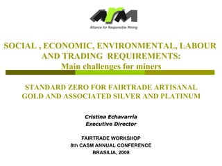 Cristina Echavarría Executive Director FAIRTRADE WORKSHOP 8th CASM ANNUAL CONFERENCE BRASILIA, 2008 STANDARD ZERO FOR FAIRTRADE ARTISANAL GOLD AND ASSOCIATED SILVER AND PLATINUM SOCIAL , ECONOMIC, ENVIRONMENTAL, LABOUR  AND TRADING  REQUIREMENTS: Main challenges for miners 