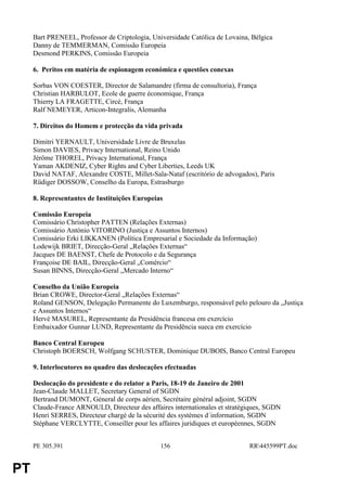 Bart PRENEEL, Professor de Criptologia, Universidade Católica de Lovaina, Bélgica
     Danny de TEMMERMAN, Comissão Europeia
     Desmond PERKINS, Comissão Europeia

     6. Peritos em matéria de espionagem económica e questões conexas

     Sorbas VON COESTER, Director de Salamandre (firma de consultoria), França
     Christian HARBULOT, Ecole de guerre économique, França
     Thierry LA FRAGETTE, Circé, França
     Ralf NEMEYER, Articon-Integralis, Alemanha

     7. Direitos do Homem e protecção da vida privada

     Dimitri YERNAULT, Universidade Livre de Bruxelas
     Simon DAVIES, Privacy International, Reino Unido
     Jérôme THOREL, Privacy International, França
     Yaman AKDENIZ, Cyber Rights and Cyber Liberties, Leeds UK
     David NATAF, Alexandre COSTE, Millet-Sala-Nataf (escritório de advogados), Paris
     Rüdiger DOSSOW, Conselho da Europa, Estrasburgo

     8. Representantes de Instituições Europeias

     Comissão Europeia
     Comissário Christopher PATTEN (Relações Externas)
     Comissário António VITORINO (Justiça e Assuntos Internos)
     Comissário Erki LIKKANEN (Política Empresarial e Sociedade da Informação)
     Lodewijk BRIET, Direcção-Geral „Relações Externas“
     Jacques DE BAENST, Chefe de Protocolo e da Segurança
     Françoise DE BAIL, Direcção-Geral „Comércio“
     Susan BINNS, Direcção-Geral „Mercado Interno“

     Conselho da União Europeia
     Brian CROWE, Director-Geral „Relações Externas“
     Roland GENSON, Delegação Permanente do Luxemburgo, responsável pelo pelouro da „Justiça
     e Assuntos Internos“
     Hervé MASUREL, Representante da Presidência francesa em exercício
     Embaixador Gunnar LUND, Representante da Presidência sueca em exercício

     Banco Central Europeu
     Christoph BOERSCH, Wolfgang SCHUSTER, Dominique DUBOIS, Banco Central Europeu

     9. Interlocutores no quadro das deslocações efectuadas

     Deslocação do presidente e do relator a Paris, 18-19 de Janeiro de 2001
     Jean-Claude MALLET, Secretary General of SGDN
     Bertrand DUMONT, Géneral de corps aérien, Secrétaire général adjoint, SGDN
     Claude-France ARNOULD, Directeur des affaires internationales et stratégiques, SGDN
     Henri SERRES, Directeur chargé de la sécurité des systèmes d´information, SGDN
     Stéphane VERCLYTTE, Conseiller pour les affaires juridiques et européennes, SGDN


     PE 305.391                                 156                           RR445599PT.doc


PT
 