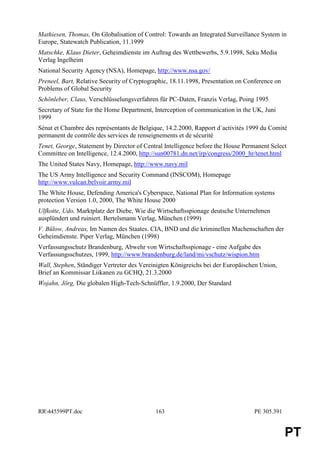 Mathiesen, Thomas, On Globalisation of Control: Towards an Integrated Surveillance System in
Europe, Statewatch Publication, 11.1999
Matschke, Klaus Dieter, Geheimdienste im Auftrag des Wettbewerbs, 5.9.1998, Seku Media
Verlag Ingelheim
National Security Agency (NSA), Homepage, http://www.nsa.gov/
Preneel, Bart, Relative Security of Cryptographic, 18.11.1998, Presentation on Conference on
Problems of Global Security
Schönleber, Claus, Verschlüsselungsverfahren für PC-Daten, Franzis Verlag, Poing 1995
Secretary of State for the Home Department, Interception of communication in the UK, Juni
1999
Sénat et Chambre des représentants de Belgique, 14.2.2000, Rapport d´activités 1999 du Comité
permanent de contrôle des services de renseignements et de sécurité
Tenet, George, Statement by Director of Central Intelligence before the House Permanent Select
Committee on Intelligence, 12.4.2000, http://sun00781.dn.net/irp/congress/2000_hr/tenet.html
The United States Navy, Homepage, http://www.navy.mil
The US Army Intelligence and Security Command (INSCOM), Homepage
http://www.vulcan.belvoir.army.mil
The White House, Defending America's Cyberspace, National Plan for Information systems
protection Version 1.0, 2000, The White House 2000
Ulfkotte, Udo, Marktplatz der Diebe, Wie die Wirtschaftsspionage deutsche Unternehmen
ausplündert und ruiniert. Bertelsmann Verlag, München (1999)
V. Bülow, Andreas, Im Namen des Staates. CIA, BND und die kriminellen Machenschaften der
Geheimdienste. Piper Verlag, München (1998)
Verfassungsschutz Brandenburg, Abwehr von Wirtschaftsspionage - eine Aufgabe des
Verfassungsschutzes, 1999, http://www.brandenburg.de/land/mi/vschutz/wispion.htm
Wall, Stephen, Ständiger Vertreter des Vereinigten Königreichs bei der Europäischen Union,
Brief an Kommissar Liikanen zu GCHQ, 21.3.2000
Wojahn, Jörg, Die globalen High-Tech-Schnüffler, 1.9.2000, Der Standard




RR445599PT.doc                             163                                  PE 305.391


                                                                                               PT
 