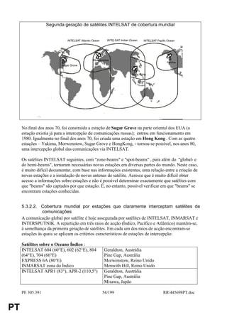 Segunda geração de satélites INTELSAT de cobertura mundial


                              INTELSAT Atlantic Ocean     INTELSAT Indian Ocean   INTELSAT Pazific Ocean




                                                Morwenstow
                                                                                                  Yakima
                          Sugar Grove


                                                                           Hong Kong




     No final dos anos 70, foi construída a estação de Sugar Grove na parte oriental dos EUA (a
     estação existia já para a intercepção de comunicações russas); entrou em funcionamento em
     1980. Igualmente no final dos anos 70, foi criada uma estação em Hong Kong . Com as quatro
     estações – Yakima, Morwenstow, Sugar Grove e HongKong, - tornou-se possível, nos anos 80,
     uma intercepção global das comunicações via INTELSAT.

     Os satélites INTELSAT seguintes, com "zone-beams" e "spot-beams" , para além do "global- e
     do hemi-beams", tornaram necessárias novas estações em diversas partes do mundo. Neste caso,
     é muito difícil documentar, com base nas informações existentes, uma relação entre a criação de
     novas estações e a instalação de novas antenas de satélite. Acresce que é muito difícil obter
     acesso a informações sobre estações e não é possível determinar exactamente que satélites com
     que "beams" são captados por que estação. É, no entanto, possível verificar em que "beams" se
     encontram estações conhecidas.


     5.3.2.2. Cobertura mundial por estações que claramente interceptam satélites de
                comunicações
     A comunicação global por satélite é hoje assegurada por satélites de INTELSAT, INMARSAT e
     INTERSPUTNIK. A repartição em três raios de acção (Índico, Pacífico e Atlântico) mantém-se,
     à semelhança da primeira geração de satélites. Em cada um dos raios de acção encontram-se
     estações às quais se aplicam os critérios característicos de estações de intercepção:

     Satélites sobre o Oceano Índico :
     INTELSAT 604 (60°E), 602 (62°E), 804               Geraldton, Austrália
     (64°E), 704 (66°E)                                 Pine Gap, Austrália
     EXPRESS 6A (80°E)                                  Morwenstow, Reino Unido
     INMARSAT zona do Índico                            Menwith Hill, Reino Unido
     INTELSAT APR1 (83°), APR-2 (110,5°)                Geraldton, Austrália
                                                        Pine Gap, Austrália
                                                        Misawa, Japão

     PE 305.391                                         54/199                                 RR445698PT.doc


PT
 