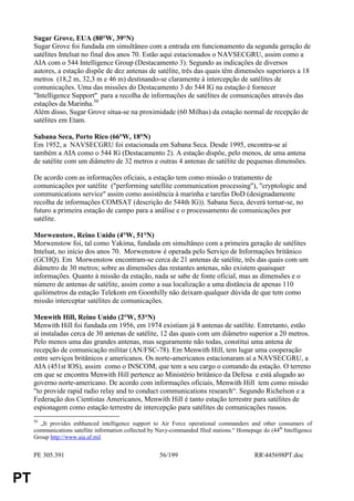 Sugar Grove, EUA (80°W, 39°N)
     Sugar Grove foi fundada em simultâneo com a entrada em funcionamento da segunda geração de
     satélites Intelsat no final dos anos 70. Estão aqui estacionados o NAVSECGRU, assim como a
     AIA com o 544 Intelligence Group (Destacamento 3). Segundo as indicações de diversos
     autores, a estação dispõe de dez antenas de satélite, três das quais têm dimensões superiores a 18
     metros (18,2 m, 32,3 m e 46 m) destinando-se claramente à intercepção de satélites de
     comunicações. Uma das missões do Destacamento 3 do 544 IG na estação é fornecer
     "Intelligence Support" para a recolha de informações de satélites de comunicações através das
     estações da Marinha.50
     Além disso, Sugar Grove situa-se na proximidade (60 Milhas) da estação normal de recepção de
     satélites em Etam.

     Sabana Seca, Porto Rico (66°W, 18°N)
     Em 1952, a NAVSECGRU foi estacionada em Sabana Seca. Desde 1995, encontra-se aí
     também a AIA como o 544 IG (Destacamento 2). A estação dispõe, pelo menos, de uma antena
     de satélite com um diâmetro de 32 metros e outras 4 antenas de satélite de pequenas dimensões.

     De acordo com as informações oficiais, a estação tem como missão o tratamento de
     comunicações por satélite ("performing satellite communication processing"), "cryptologic and
     communications service" assim como assistência à marinha e tarefas DoD (designadamente
     recolha de informações COMSAT (descrição do 544th IG)). Sabana Seca, deverá tornar-se, no
     futuro a primeira estação de campo para a análise e o processamento de comunicações por
     satélite.

     Morwenstow, Reino Unido (4°W, 51°N)
     Morwenstow foi, tal como Yakima, fundada em simultâneo com a primeira geração de satélites
     Intelsat, no início dos anos 70. Morwenstow é operada pelo Serviço de Informações britânico
     (GCHQ). Em Morwenstow encontram-se cerca de 21 antenas de satélite, três das quais com um
     diâmetro de 30 metros; sobre as dimensões das restantes antenas, não existem quaisquer
     informações. Quanto à missão da estação, nada se sabe de fonte oficial, mas as dimensões e o
     número de antenas de satélite, assim como a sua localização a uma distância de apenas 110
     quilómetros da estação Telekom em Goonhilly não deixam qualquer dúvida de que tem como
     missão interceptar satélites de comunicações.

     Menwith Hill, Reino Unido (2°W, 53°N)
     Menwith Hill foi fundada em 1956, em 1974 existiam já 8 antenas de satélite. Entretanto, estão
     aí instaladas cerca de 30 antenas de satélite, 12 das quais com um diâmetro superior a 20 metros.
     Pelo menos uma das grandes antenas, mas seguramente não todas, constitui uma antena de
     recepção de comunicação militar (AN/FSC-78). Em Menwith Hill, tem lugar uma cooperação
     entre serviços britânicos e americanos. Os norte-americanos estacionaram aí a NAVSECGRU, a
     AIA (451st IOS), assim como o INSCOM, que tem a seu cargo o comando da estação. O terreno
     em que se encontra Menwith Hill pertence ao Ministério britânico da Defesa e está alugado ao
     governo norte-americano. De acordo com informações oficiais, Menwith Hill tem como missão
     "to provide rapid radio relay and to conduct communications research“. Segundo Richelson e a
     Federação dos Cientistas Americanos, Menwith Hill é tanto estação terrestre para satélites de
     espionagem como estação terrestre de intercepção para satélites de comunicações russos.
     50
       „It provides enhhanced intelligence support to Air Force operational commanders and other consumers of
     communications satellite information collected by Navy-commanded filed stations.“ Homepage do (44th Intelligence
     Group http://www.aia.af.mil


     PE 305.391                                        56/199                                RR445698PT.doc


PT
 