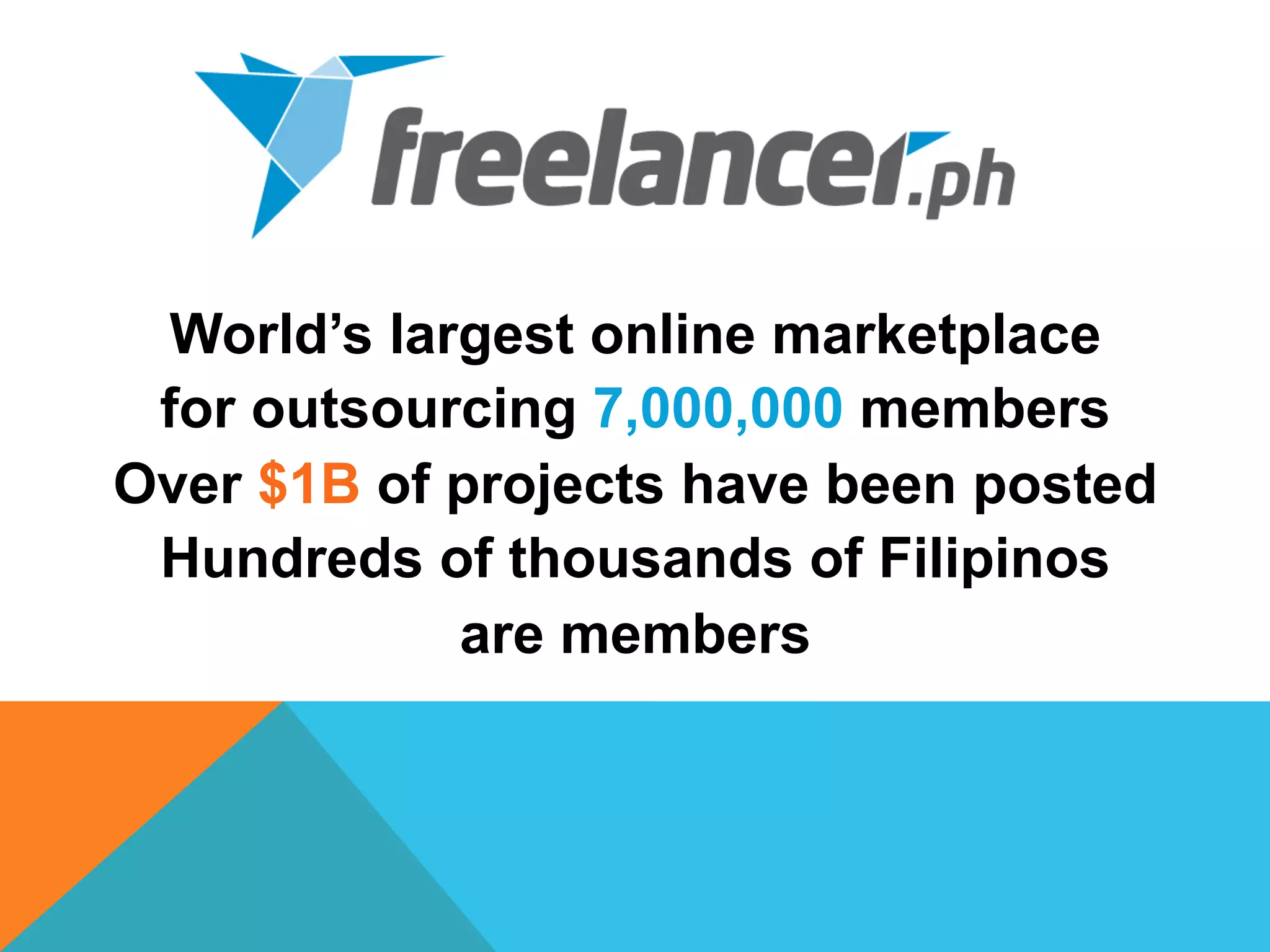 World’s largest online marketplace
for outsourcing 7,000,000 members
Over $1B of projects have been posted
Hundreds of thousands of Filipinos
are members
 
