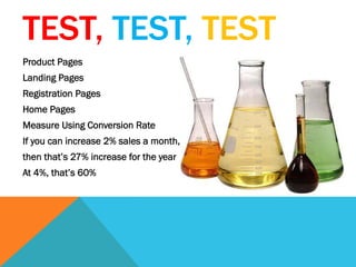 TEST, TEST, TEST
Product Pages
Landing Pages
Registration Pages
Home Pages
Measure Using Conversion Rate
If you can increase 2% sales a month,
then that’s 27% increase for the year
At 4%, that’s 60%
 