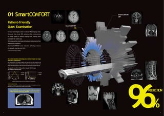 %
REDUCTION
01 SmartCOMFORT
Patient-friendly
Quiet Examination
Various technologies exist to reduce MRI imaging noise.
However, low-noise MRI systems often compromise
on image quality or extend imaging time, making them
unsuitable for routine use.
Other approaches need special hardware that prevents their
widespread acceptance.
Our SmartCOMFORT noise reduction technology reduces
the acoustic noise by up to 96%†.
† Varies with the imaging conditions.
SmartCOMFORT
OFF
SmartCOMFORT
ON
Principleofimagingnoisereduction
The gradient magnetic field waveform is given by the product of the applied current and
application time. This waveform also changes the sound quality.
Gradient magnetic field pulse forms and frequency components
Gradient
magneticfield
strength
T
rapezoidal
Triangular
0
0
.
5
1
2
1
.
5
0 0
.
5 1 1
.
5 2 2
.
5
Time (ms)
Gradient
magneticfield
strength
T
rapezoidal
Triangular
05
0
0 1
0
0
0 1
5
0
0 2
0
0
0 2
5
0
0
Frequency (Hz)
1
0
.
8
0
.
6
0
.
4
0
.
2
0
3 4
Our noise reduction technology has minimal impact on image
contrast or imagingtime.
With SmartCOMFORT, the gradient magnetic field pulse form has been changed and the
imaging parameters adjusted, keeping a balance between the imaging time, contrast, image
SN ratio, and spatial resolutionto reduce any impact the noise reduction technologymay have.
Changing the waveformof the gradient magnetic field changes
the frequencycharacteristics.
SmartCOMFORT can be used together with the motion
artifactreduction technology,RADAR†
.†RADialAcquisitionRegime
Example of RADAR +SmartCOMFORT image
 