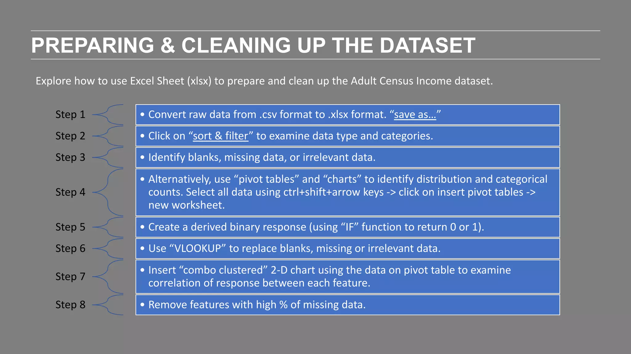 PREPARING & CLEANING UP THE DATASET
Explore how to use Excel Sheet (xlsx) to prepare and clean up the Adult Census Income dataset.
Step 1 • Convert raw data from .csv format to .xlsx format. “save as…”
Step 2 • Click on “sort & filter” to examine data type and categories.
Step 3 • Identify blanks, missing data, or irrelevant data.
Step 4
• Alternatively, use “pivot tables” and “charts” to identify distribution and categorical
counts. Select all data using ctrl+shift+arrow keys -> click on insert pivot tables ->
new worksheet.
Step 5 • Create a derived binary response (using “IF” function to return 0 or 1).
Step 6 • Use “VLOOKUP” to replace blanks, missing or irrelevant data.
Step 7
• Insert “combo clustered” 2-D chart using the data on pivot table to examine
correlation of response between each feature.
Step 8 • Remove features with high % of missing data.
 