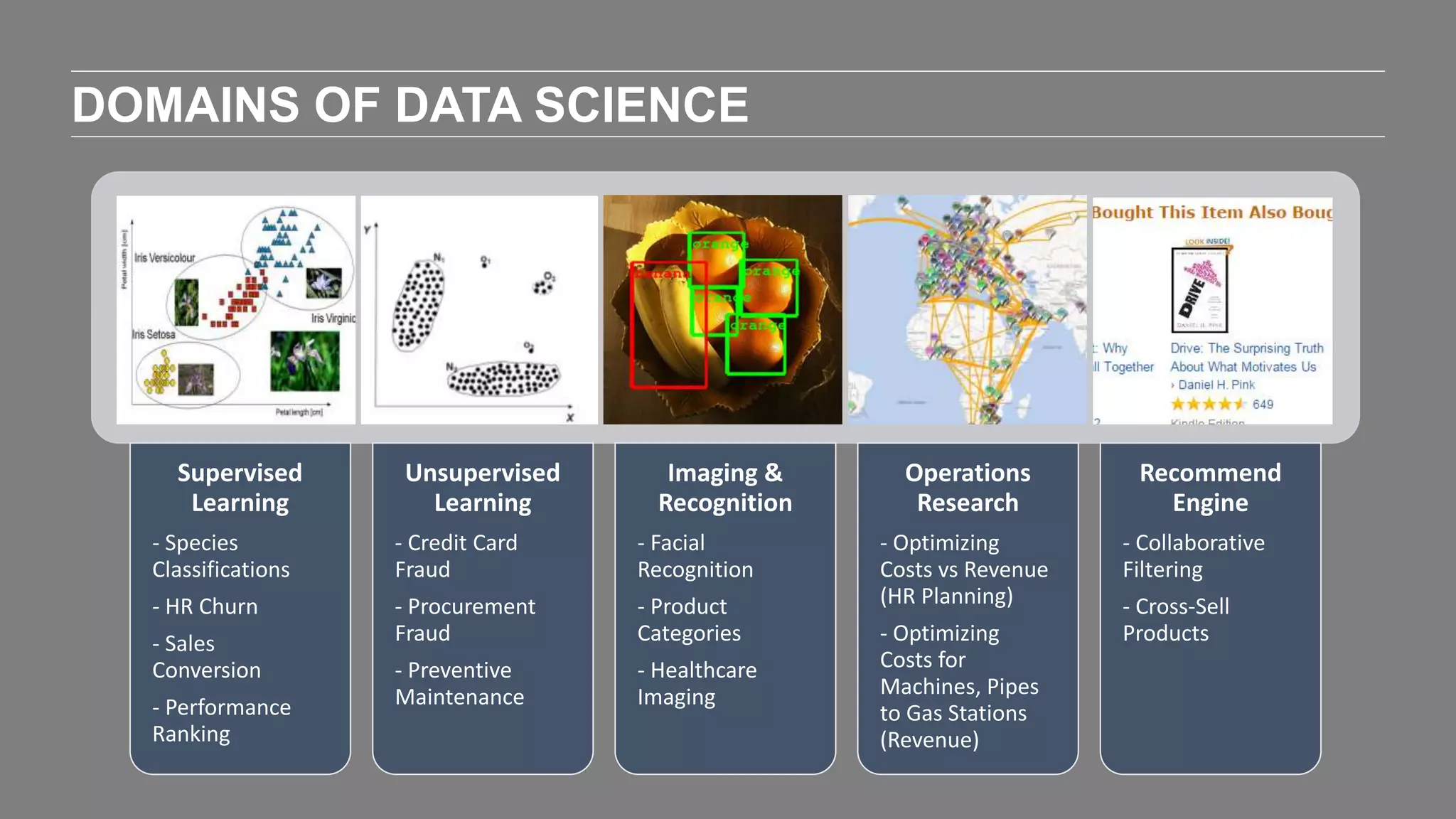 DOMAINS OF DATA SCIENCE
Supervised
Learning
- Species
Classifications
- HR Churn
- Sales
Conversion
- Performance
Ranking
Unsupervised
Learning
- Credit Card
Fraud
- Procurement
Fraud
- Preventive
Maintenance
Imaging &
Recognition
- Facial
Recognition
- Product
Categories
- Healthcare
Imaging
Operations
Research
- Optimizing
Costs vs Revenue
(HR Planning)
- Optimizing
Costs for
Machines, Pipes
to Gas Stations
(Revenue)
Recommend
Engine
- Collaborative
Filtering
- Cross-Sell
Products
 