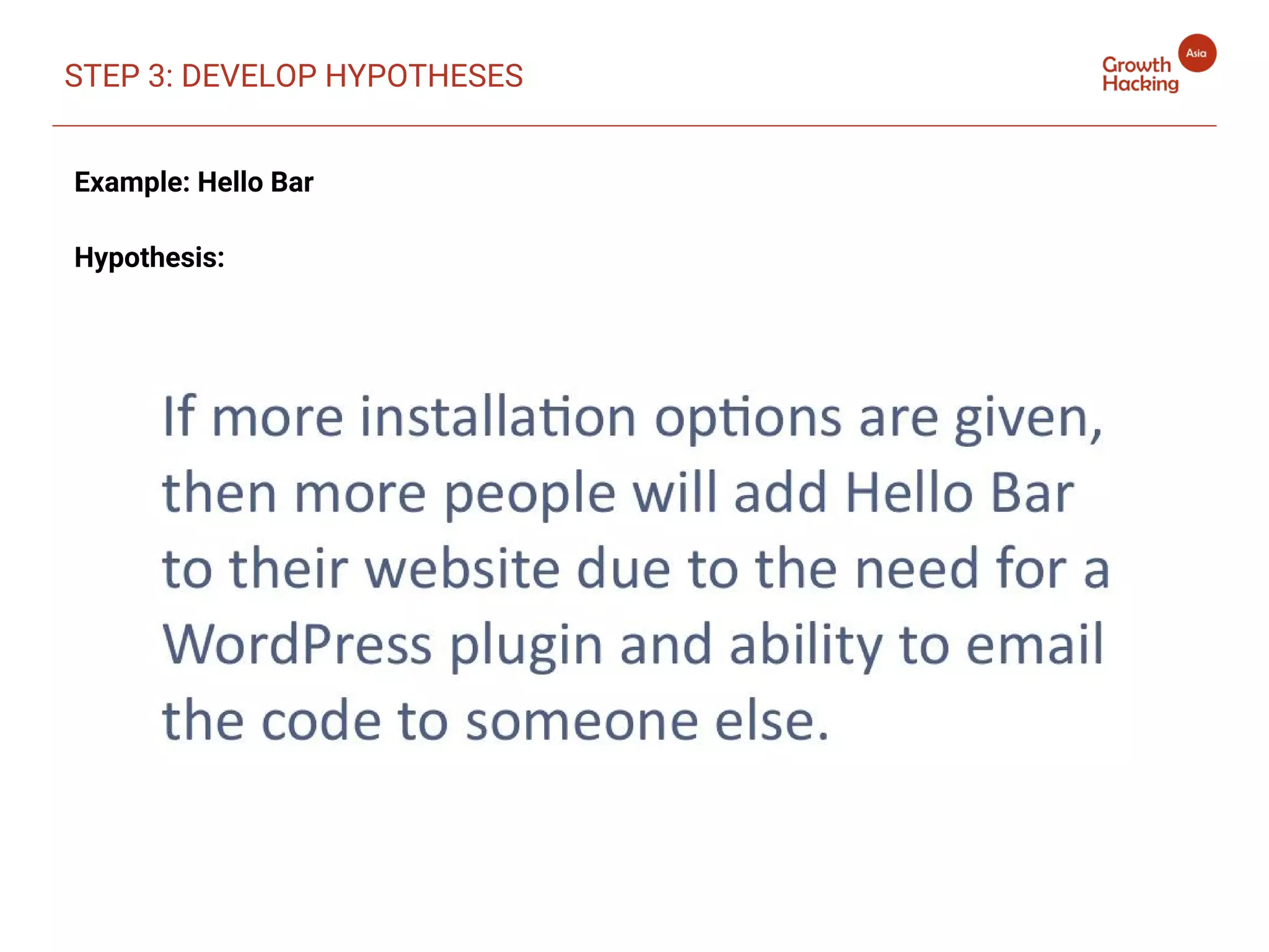 STEP 3: DEVELOP HYPOTHESES
Example: Hello Bar
Hypothesis:
 
