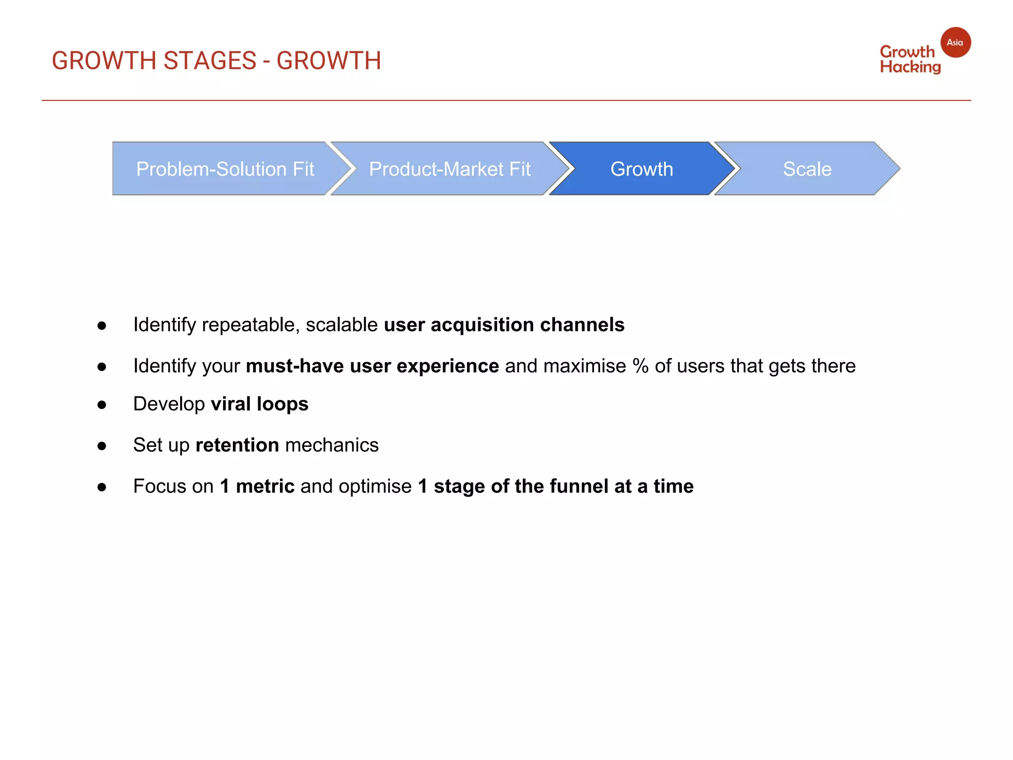 GROWTH STAGES - GROWTH
Problem-Solution Fit Product-Market Fit ScaleGrowth
● Identify repeatable, scalable user acquisition channels
● Identify your must-have user experience and maximise % of users that gets there
● Develop viral loops
● Set up retention mechanics
● Focus on 1 metric and optimise 1 stage of the funnel at a time
 