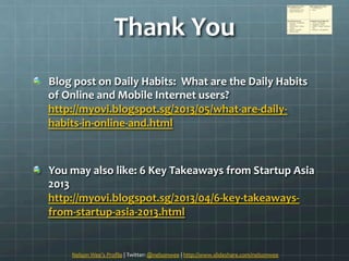 Thank	
 ?You	
 ?
" ? Blog	
 ?post	
 ?on	
 ?Daily	
 ?Habits:	
 ?	
 ?What	
 ?are	
 ?the	
 ?Daily	
 ?Habits	
 ?
of	
 ?Online	
 ?and	
 ?Mobile	
 ?Internet	
 ?users?	
 ?
http://myovi.blogspot.sg/2013/05/what-?\are-?\daily-?\
habits-?\in-?\online-?\and.html	
 ?	
 ?
" ? You	
 ?may	
 ?also	
 ?like:	
 ?6	
 ?Key	
 ?Takeaways	
 ?from	
 ?Startup	
 ?Asia	
 ?
2013	
 ?
http://myovi.blogspot.sg/2013/04/6-?\key-?\takeaways-?\
from-?\startup-?\asia-?\2013.html	
 ?	
 ?
	
 ?
Nelson	
 ?Wees	
 ?Pro?le	
 ?|	
 ?Twitter:	
 ?@nelsonwee	
 ?|	
 ?http://www.slideshare.com/nelsonwee	
 ?	
 ?
 