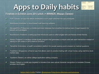 Finalists in Echelon June 2013 pitch -> WINNER: Waygo (Taiwan)
" ? POP (Taiwan): an app that allows developers to turn paper sketches into app prototypes.
" MathSpace (Australia): a cloud-based math learning software.
" ? MyLegalWhiz (Philippines): a mobile-optimized database that simplifies the tedious task of legal research for
lawyers and paralegals
" ? NoonSwoon (Thailand): a dating app that introduces users to other singles who are friends of their friends.
" ? Stamp (Thailand): a cardless mobile loyalty program that generates a unique code with each transaction instead of
relying on QR codes or GPS check-in functions.
" ? TanyaDok (Indonesia): a health consultation platform for people seeking quick answers to medical questions
" ? TradeHero (Singapore): a finance app that allows users to practice trading with virtual money using real-time stock
market data.
" ? TopAdmit (Taiwan): an online college application editing company
" Waygo (Taiwan) a mobile app targeted to travelers that uses optical character recognition to translate Chinese
phrases into English.
Nelson	
 ?Wees	
 ?Pro?le	
 ?|	
 ?Twitter:	
 ?@nelsonwee	
 ?|	
 ?http://www.slideshare.com/nelsonwee	
 ?	
 ?
Apps	
 ?to	
 ?Daily	
 ?habits	
 ?
 