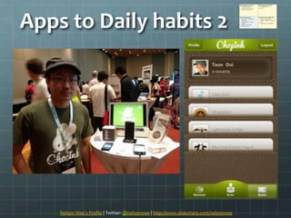 Apps	
 ?to	
 ?Daily	
 ?habits	
 ?2	
 ?
Nelson	
 ?Wees	
 ?Pro?le	
 ?|	
 ?Twitter:	
 ?@nelsonwee	
 ?|	
 ?http://www.slideshare.com/nelsonwee	
 ?	
 ?
 