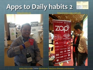Apps	
 ?to	
 ?Daily	
 ?habits	
 ?2	
 ?
Nelson	
 ?Wees	
 ?Pro?le	
 ?|	
 ?Twitter:	
 ?@nelsonwee	
 ?|	
 ?http://www.slideshare.com/nelsonwee	
 ?	
 ?
http://wooz.in	
 ?	
 ? http://www.zap.com.ph	
 ?	
 ?
 