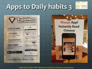 Apps	
 ?to	
 ?Daily	
 ?habits	
 ?3	
 ?
Nelson	
 ?Wees	
 ?Pro?le	
 ?|	
 ?Twitter:	
 ?@nelsonwee	
 ?|	
 ?http://www.slideshare.com/nelsonwee	
 ?	
 ?
 