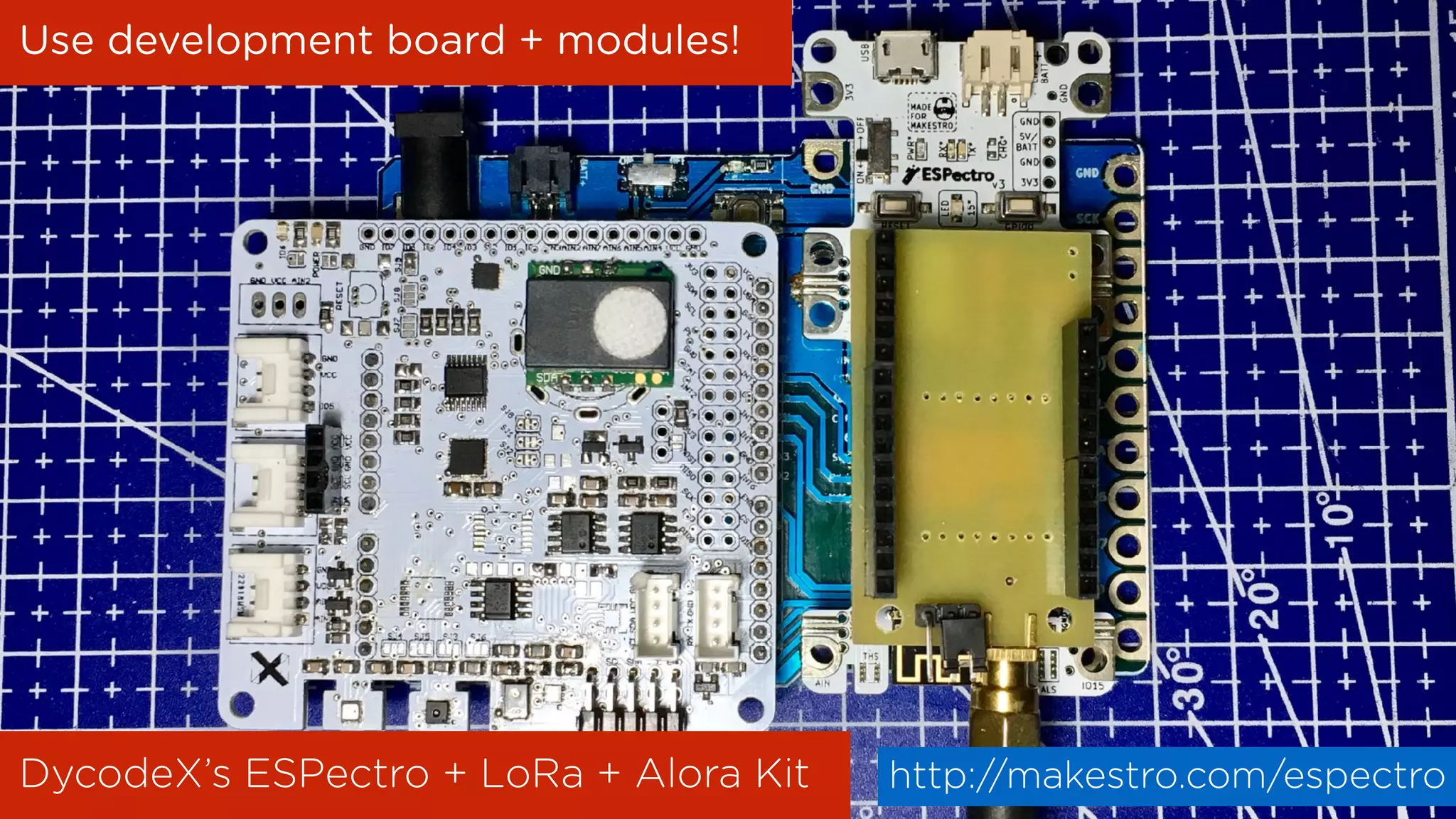 Use development board + modules!
DycodeX’s ESPectro + LoRa + Alora Kit http://makestro.com/espectro
 
