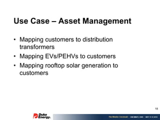Use Case – Asset Management

• Mapping customers to distribution
  transformers
• Mapping EVs/PEHVs to customers
• Mapping rooftop solar generation to
  customers




                                        18
 