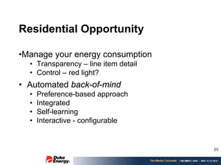 Residential Opportunity

•Manage your energy consumption
  • Transparency – line item detail
  • Control – red light?
• Automated back-of-mind
  •   Preference-based approach
  •   Integrated
  •   Self-learning
  •   Interactive - configurable


                                      23
 