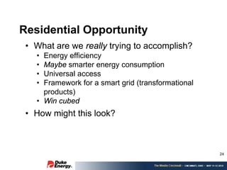 Residential Opportunity
 • What are we really trying to accomplish?
   • Energy efficiency
   • Maybe smarter energy consumption
   • Universal access
   • Framework for a smart grid (transformational
     products)
   • Win cubed
 • How might this look?



                                                    24
 