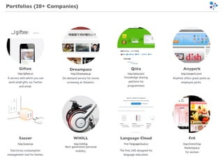 Portfolios (20+ Companies)
Giftee Qiita
A service with which you can
send small gifts via Twitter
and email.
Anyperk
Sassor WHILL Language Cloud Fril
http://giftee.co
Dreampass
http://dreampass.jp
On-demand service for movie
screening at theaters.
http://qiita.com/
Knowledge sharing
platform for
programmers
http://anyperk.com/
AnyPerk offers great perks as
employee perks.
Electricity-consumption
management tool for homes.
http://sassor.jp
Next generation personal
mobility. 
http://whill.jp
The first LMS designed for
language education.
http://languagecloud.co
Marketplace
for women
http://www.fril.jp
 