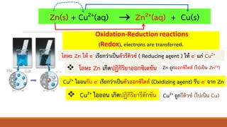 Oxidation-Reduction reactions
(Redox), electrons are transferred.
Zn(s) + Cu2+(aq) → Zn2+(aq) + Cu(s)
โลหะ Zn ให้ e- เรียกว่าเป็นตัวรีดิวซ์ ( Reducing agent ) ให้ e- แก่ Cu2+
Cu2+ ไออนรับ e- เรียกว่าเป็นตัวออกซิไดส์ (Oxidizing agent) รับ e- จาก Zn
❖ โลหะ Zn เกิดปฏิกิริยาออกซิเดชัน Zn ถูกออกซิไดส์ (ไปเป็น Zn2+)
Cu2+ ถูกรีดิวซ์ (ไปเป็น Cu)❖ Cu2+ ไอออน เกิดปฏิกิริยารีดักชัน
 