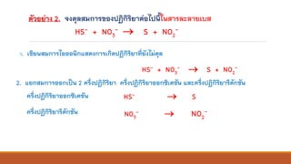 ตัวอย่าง 2. จงดุลสมการของปฏิกิริยาต่อไปนี้ในสารละลายเบส
HS- + NO3
- → S + NO2
-
1. เขียนสมการไอออนิกแสดงการเกิดปฏิกิริยาที่ยังไม่ดุล
HS- + NO3
- → S + NO2
-
2. แยกสมการออกเป็น 2 ครึ่งปฏิกิริยา ครึ่งปฏิกิริยาออกซิเดชัน และครึ่งปฏิกิริยารีดักชัน
ครึ่งปฏิกิริยาออกซิเดชัน
ครึ่งปฏิกิริยารีดักชัน
HS- → S
NO3
- → NO2
-
 