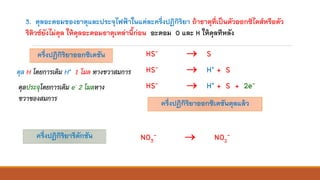 3. ดุลอะตอมของธาตุและประจุไฟฟ้าในแต่ละครึ่งปฏิกิริยา ถ้าธาตุที่เป็นตัวออกซิไดส์หรือตัว
รีดิวซ์ยังไม่ดุล ให้ดุลอะตอมธาตุเหล่านี้ก่อน อะตอม O และ H ให้ดุลทีหลัง
ครึ่งปฏิกิริยาออกซิเดชัน
ครึ่งปฏิกิริยารีดักชัน
ดุลประจุโดยการเติม e- 2 โมลทาง
ขวาของสมการ
ครึ่งปฏิกิริยาออกซิเดชันดุลแล้ว
HS- → S
HS- → H+ + S + 2e-
NO3
- → NO2
-
HS- → H+ + Sดุล H โดยการเติม H+ 1 โมล ทางขวาสมการ
 
