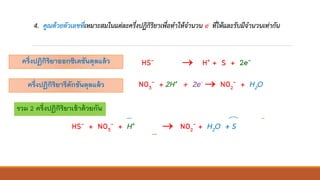 4. คูณด้วยตัวเลขที่เหมาะสมในแต่ละครึ่งปฏิกิริยาเพื่อทาให้จานวน e- ที่ให้และรับมีจานวนเท่ากัน
ครึ่งปฏิกิริยาออกซิเดชันดุลแล้ว
ครึ่งปฏิกิริยารีดักชันดุลแล้ว
รวม 2 ครึ่งปฏิกิริยาเข้าด้วยกัน
HS- → H+ + S + 2e-
NO3
- + 2H+ + 2e- → NO2
- + H2O
HS- + NO3
- + 2H+ + 2e- → NO2
- + H2O + H+ + S + 2e-
HS- + NO3
- + H+ → NO2
- + H2O + S
 