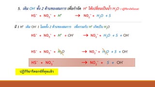 5. เติม OH- ทั้ง 2 ด้านของสมการ เพื่อกาจัด H+ ให้เปลี่ยนเป็นน้า H2O ( ปฏิกิริยาเกิดในเบส)
HS- + NO3
- + H+ + OH- → NO2
- + H2O + S + OH-
มี 1 H+ เติม OH- 1 โมลทั้ง 2 ด้านของสมการ เพื่อรวมกับ H+ เกิดเป็น H2O
HS- + NO3
- + H2O → NO2
- + H2O + S + OH-
HS- + NO3
- → NO2
- + S + OH-
HS- + NO3
- + H+ → NO2
- + H2O + S
ปฏิกิริยารีดอกซ์ที่ดุลแล้ว
 