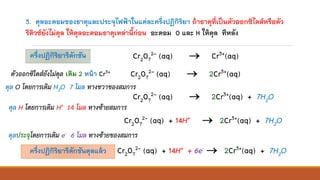 3. ดุลอะตอมของธาตุและประจุไฟฟ้าในแต่ละครึ่งปฏิกิริยา ถ้าธาตุที่เป็นตัวออกซิไดส์หรือตัว
รีดิวซ์ยังไม่ดุล ให้ดุลอะตอมธาตุเหล่านี้ก่อน อะตอม O และ H ให้ดุล ทีหลัง
ครึ่งปฏิกิริยารีดักชัน Cr2O7
2- (aq) → Cr3+(aq)
ดุล O โดยการเติม H2O 7 โมล ทางขวาของสมการ
ดุลประจุโดยการเติม e- 6 โมล ทางซ้ายของสมการ
Cr2O7
2- (aq) → 2Cr3+(aq) + 7H2O
ดุล H โดยการเติม H+ 14 โมล ทางซ้ายสมการ
Cr2O7
2- (aq) + 14H+ → 2Cr3+(aq) + 7H2O
ตัวออกซิไดส์ยังไม่ดุล เติม 2 หน้า Cr3+ Cr2O7
2- (aq) → 2Cr3+(aq)
Cr2O7
2- (aq) + 14H+ + 6e- → 2Cr3+(aq) + 7H2Oครึ่งปฏิกิริยารีดักชันดุลแล้ว
 