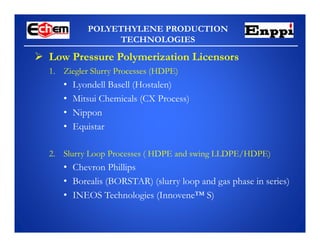 POLYETHYLENE PRODUCTION
TECHNOLOGIES
 Low Pressure Polymerization Licensors
1. Ziegler Slurry Processes (HDPE)
• Lyondell Basell (Hostalen)
• Mitsui Chemicals (CX Process)
• Nippon
• Equistar
2. Slurry Loop Processes ( HDPE and swing LLDPE/HDPE)
• Chevron Phillips
• Borealis (BORSTAR) (slurry loop and gas phase in series)
• INEOS Technologies (Innovene™ S)
 