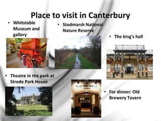 Place to visit in Canterbury
● Whitstable
Museum and
gallery
● Stodmarsh National
Nature Reserve
● The king's hall
● For dinner: Old
Brewery Tavern
● Theatre in the park at
Strode Park House
 