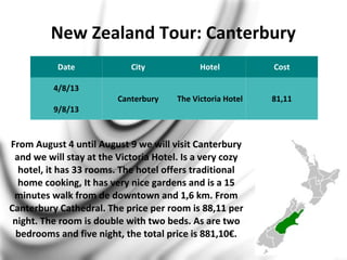 New Zealand Tour: Canterbury
From August 4 until August 9 we will visit Canterbury
and we will stay at the Victoria Hotel. Is a very cozy
hotel, it has 33 rooms. The hotel offers traditional
home cooking, It has very nice gardens and is a 15
minutes walk from de downtown and 1,6 km. From
Canterbury Cathedral. The price per room is 88,11 per
night. The room is double with two beds. As are two
bedrooms and five night, the total price is 881,10€.
Date City Hotel Cost
4/8/13
Canterbury The Victoria Hotel 81,11
9/8/13
 