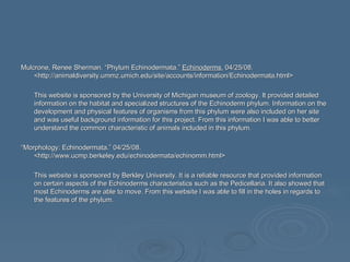 Mulcrone, Renee Sherman. “Phylum Echinodermata.”  Echinoderms.  04/25/08. <http://animaldiversity.ummz.umich.edu/site/accounts/information/Echinodermata.html> This website is sponsored by the University of Michigan museum of zoology. It provided detailed information on the habitat and specialized structures of the Echinoderm phylum. Information on the development and physical features of organisms from this phylum were also included on her site and was useful background information for this project. From this information I was able to better understand the common characteristic of animals included in this phylum. “ Morphology: Echinodermata.” 04/25/08. < http://www.ucmp.berkeley.edu/echinodermata/echinomm.html> This website is sponsored by Berkley University. It is a reliable resource that provided information on certain aspects of the Echinoderms characteristics such as the Pedicellaria. It also showed that most Echinoderms are able to move. From this website I was able to fill in the holes in regards to the features of the phylum.  