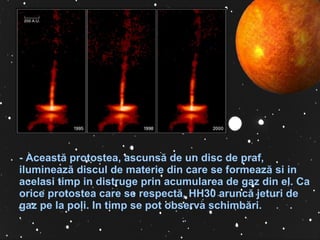 -  Această protostea, ascunsă de un disc de praf,  iluminează discul de materie din care se formează si in acelasi timp in distruge prin acumularea de gaz din el. Ca orice protostea care se respectă, HH30 aruncă jeturi de gaz pe la poli. In timp se pot observa schimbă r i.   