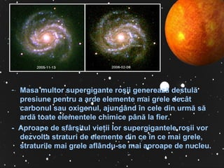 Masa multor supergigante ro ş ii generează destulă presiune pentru a arde elemente mai grele decât carbonul sau oxigenul, ajungând în cele din urmă să ardă toate elementele chimice până la fier.  -   Aproape de sfâr ş itul vie ţ ii lor supergigantele ro ş ii vor dezvolta straturi de elemente din ce în ce mai grele, straturile mai grele aflându-se mai aproape de nucleu. 