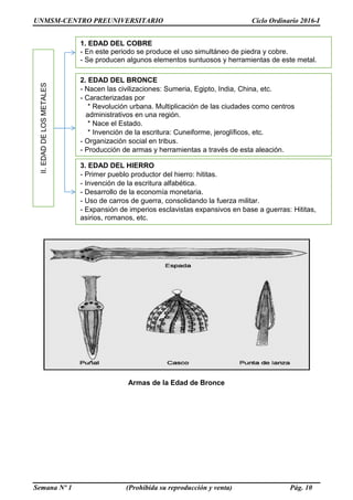 UNMSM-CENTRO PREUNIVERSITARIO Ciclo Ordinario 2016-I
Semana Nº 1 (Prohibida su reproducción y venta) Pág. 10
EVALUACIÓN Nº 1
Armas de la Edad de Bronce
II.
EDAD
DE
LOS
METALES 1. EDAD DEL COBRE
- En este periodo se produce el uso simultáneo de piedra y cobre.
- Se producen algunos elementos suntuosos y herramientas de este metal.
2. EDAD DEL BRONCE
- Nacen las civilizaciones: Sumeria, Egipto, India, China, etc.
- Caracterizadas por
* Revolución urbana. Multiplicación de las ciudades como centros
administrativos en una región.
* Nace el Estado.
* Invención de la escritura: Cuneiforme, jeroglíficos, etc.
- Organización social en tribus.
- Producción de armas y herramientas a través de esta aleación.
3. EDAD DEL HIERRO
- Primer pueblo productor del hierro: hititas.
- Invención de la escritura alfabética.
- Desarrollo de la economía monetaria.
- Uso de carros de guerra, consolidando la fuerza militar.
- Expansión de imperios esclavistas expansivos en base a guerras: Hititas,
asirios, romanos, etc.
 