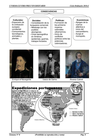 UNMSM-CENTRO PREUNIVERSITARIO Ciclo Ordinario 2016-I
Semana Nº 8 (Prohibida su reproducción y venta) Pág. 8
Enrique el Navegante Vasco de Gama Álvarez Cabral
CONSECUENCIAS
Económicas:
- Apogeo de la
cuenca
atlántica e
inicio del
mercantilismo.
- Surge el
monopolio.
Sociales:
- Consolidación de la
burguesía comercial.
- Mestizaje con los
pueblos
aborígenes.
- Crisis demográfica
en América:
epidemias, guerras,
trabajos forzados.
Políticas:
- Formación de
los primeros
imperios
coloniales
ultramarinos.
- Inicio de
conflictos
políticos entre las
potencias
colonizadoras.
Culturales:
- Expansión de
la civilización
europeo-
occidental.
- Conocimientos
tecnológicos,
animales y
plantas.
 