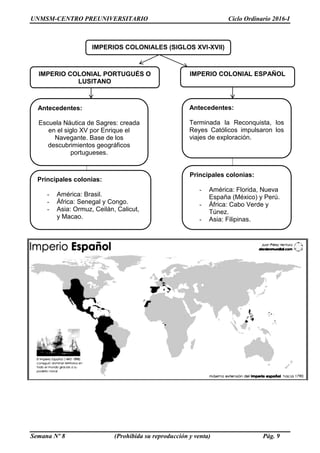 UNMSM-CENTRO PREUNIVERSITARIO Ciclo Ordinario 2016-I
Semana Nº 8 (Prohibida su reproducción y venta) Pág. 9
IMPERIOS COLONIALES (SIGLOS XVI-XVII)
IMPERIO COLONIAL PORTUGUÉS O
LUSITANO
IMPERIO COLONIAL ESPAÑOL
Antecedentes:
Escuela Náutica de Sagres: creada
en el siglo XV por Enrique el
Navegante. Base de los
descubrimientos geográficos
portugueses.
Antecedentes:
Terminada la Reconquista, los
Reyes Católicos impulsaron los
viajes de exploración.
Principales colonias:
- América: Brasil.
- África: Senegal y Congo.
- Asia: Ormuz, Ceilán, Calicut,
y Macao.
Principales colonias:
- América: Florida, Nueva
España (México) y Perú.
- África: Cabo Verde y
Túnez.
- Asia: Filipinas.
 
