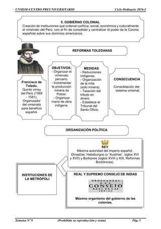 UNMSM-CENTRO PREUNIVERSITARIO Ciclo Ordinario 2016-I
Semana Nº 9 (Prohibida su reproducción y venta) Pág. 5
5. GOBIERNO COLONIAL
Creación de instituciones que ordenan política, social, económica y culturalmente
el virreinato del Perú, con el fin de consolidar y centralizar el poder de la Corona
española sobre sus dominios americanos.
REFORMAS TOLEDANAS
OBJETIVOS:
- Organizar el
virreinato
peruano.
- Incrementar
la producción
minera de
Potosí.
- Organizar
mano de obra
indígena.
MEDIDAS
- Reducciones
indígenas.
- Organización
de la mita
(solo minera).
- Tasación del
tributo en
dinero.
- Establece el
Tribunal del
Santo Oficio.
CONSECUENCIA
Consolidación del
sistema virreinal.
REAL Y SUPREMO CONSEJO DE INDIAS
Máximo organismo del gobierno de las
colonias.
ORGANIZACIÓN POLÍTICA
INSTITUCIONES DE
LA METRÓPOLI
REY
Máxima autoridad del Imperio español.
Dinastías: Habsburgos (o “Austrias”, siglos XVI
y XVII) y Borbones (siglos XVIII y XIX, Reformas
Borbónicas).
Francisco de
Toledo.
Quinto virrey
del Perú (1569
- 1581).
Organizador
del virreinato
para beneficio
español.
 