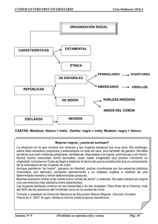 UNMSM-CENTRO PREUNIVERSITARIO Ciclo Ordinario 2016-I
Semana Nº 9 (Prohibida su reproducción y venta) Pág. 10
CASTAS: Mestizos: blanco + indio; Zambo: negro + indio; Mulatos: negro + blanco
ORGANIZACIÓN SOCIAL
DE ESPAÑOLES
DE INDIOS
NEGROS
CARACTERÍSTICAS
REPÚBLICAS
ESCLAVOS
AMERICANOS
CHAPETONES
CRIOLLOS
NOBLEZA INDÍGENA
INDIOS DEL COMÚN
PENINSULARES
ÉTNICA
ESTAMENTAL
Mujeres negras: ¿esclavas sumisas?
La situación en la que vivieron los varones y las mujeres esclavas fue muy dura. Sin embargo,
sobre ellas recayeron prejuicios y estereotipos no solo de raza, sino también de género. De ellas
se decía que eran criaturas peligrosas, tentadoras, dispuestas a la lujuria, promiscuas y sin honor.
Nunca fueron conocidas como doncellas, pues nadie imaginaba que podían mantener su
virginidad; inclusive en Cuba se llegó a elaborar la teoría de que la prostitución era un componente
de la naturaleza de las mujeres de color.
Aunque perdieron “en honor”, ganaron en libertad: podían movilizarse por los espacios públicos
(mercados, por ejemplo) compartir laboralmente y no estaban sujetas a vestirse de una
determinada manera o tener determinadas posturas.
Muchas buscaron entrar a las casas como “amas de leche” y nodrizas. De esta manera se originó
una convivencia más estrecha entre estamentos.
Las mujeres esclavas vivieron en las haciendas y en las ciudades. Para fines de la Colonia, más
del 50% de los esclavos del Virreinato vivía en la ciudad de Lima.
Tomado y adaptado de Dirección Nacional de Educación Básica Regular. Ciencias Sociales.
Fascículo 2, 2007. El agro, desde la colonia hasta la época republicana.
 