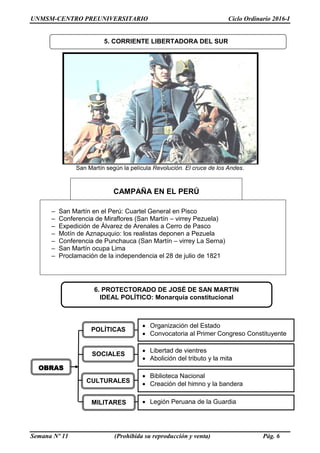 UNMSM-CENTRO PREUNIVERSITARIO Ciclo Ordinario 2016-I
Semana Nº 11 (Prohibida su reproducción y venta) Pág. 6
San Martín según la película Revolución. El cruce de los Andes.
CAMPAÑA EN EL PERÚ
– San Martín en el Perú: Cuartel General en Pisco
– Conferencia de Miraflores (San Martín – virrey Pezuela)
– Expedición de Álvarez de Arenales a Cerro de Pasco
– Motín de Aznapuquio: los realistas deponen a Pezuela
– Conferencia de Punchauca (San Martín – virrey La Serna)
– San Martín ocupa Lima
– Proclamación de la independencia el 28 de julio de 1821
 Organización del Estado
 Convocatoria al Primer Congreso Constituyente
CULTURALES
 Libertad de vientres
 Abolición del tributo y la mita
 Biblioteca Nacional
 Creación del himno y la bandera
 Legión Peruana de la Guardia
POLÍTICAS
SOCIALES
MILITARES
OBRAS
6. PROTECTORADO DE JOSÉ DE SAN MARTIN
IDEAL POLÍTICO: Monarquía constitucional
5. CORRIENTE LIBERTADORA DEL SUR
 