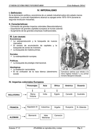 UNMSM-CENTRO PREUNIVERSITARIO Ciclo Ordinario 2016-I
Semana Nº 13 (Prohibida su reproducción y venta) Pág. 6
IV. IMPERIALISMO
I. Definición:
Es la dominación política y económica de un estado industrial sobre otro estado menos
desarrollado. La era del imperialismo alcanzó su apogeo entre 1875-1914 (durante la
segunda revolución industrial).
II. Características:
- Formación de grandes imperios coloniales (Neocolonialismo).
- Exportación de grandes capitales europeos al mundo colonial.
- Surgimiento de las grandes empresas multinacionales.
IV. Imperios coloniales Europeos
III. Las causas:
Económicas
 La sobreproducción y la búsqueda de nuevos
mercados.
 El exceso de acumulación de capitales y la
búsqueda de zonas de inversión.
 La búsqueda de materia primas.
Sociales
 La sobrepoblación europea.
Políticas.
 La búsqueda de prestigio internacional.
Ideológicas
 La exaltación nacionalista.
 El rol civilizador de la raza blanca (darwinismo
social)
Asia África América Oceanía
Personajes
Reina
Victoria
India Egipto Canadá Australia
Argelia Guayana N. Zelanda
Napoleón III Indochina
INGLATERRA
FRANCIA
ALEMANI
A
Bismarck Islas
Marianas
Camerún
Caricatura satírica que retrata a la
reina inglesa Victoria I y su primer
ministro Benjamín Disraeli.
 
