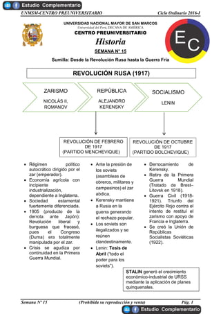 UNMSM-CENTRO PREUNIVERSITARIO Ciclo Ordinario 2016-I
Semana Nº 15 (Prohibida su reproducción y venta) Pág. 1
UNIVERSIDAD NACIONAL MAYOR DE SAN MARCOS
Universidad del Perú, DECANA DE AMÉRICA
CENTRO PREUNIVERSITARIO
Historia
SEMANA N° 15
Sumilla: Desde la Revolución Rusa hasta la Guerra Fría
ZARISMO
NICOLÁS II,
ROMANOV
REPÚBLICA
ALEJANDRO
KERENSKY
SOCIALISMO
LENIN
REVOLUCIÓN DE FEBRERO
DE 1917
(PARTIDO MENCHEVIQUE)
REVOLUCIÓN DE OCTUBRE
DE 1917
(PARTIDO BOLCHEVIQUE)
 Régimen político
autocrático dirigido por el
zar (emperador).
 Economía agrícola con
incipiente
industrialización,
dependiente a Inglaterra.
 Sociedad estamental
fuertemente diferenciada.
 1905 (producto de la
derrota ante Japón):
Revolución liberal y
burguesa que fracasó,
pues el Congreso
(Duma) era totalmente
manipulada por el zar.
 Crisis se agudiza por
continuidad en la Primera
Guerra Mundial.
 Ante la presión de
los soviets
(asambleas de
obreros, militares y
campesinos) el zar
abdica.
 Kerensky mantiene
a Rusia en la
guerra generando
el rechazo popular.
 Los soviets son
ilegalizados y se
reúnen
clandestinamente.
 Lenin: Tesis de
Abril (“todo el
poder para los
soviets”).
 Derrocamiento de
Kerensky.
 Retiro de la Primera
Guerra Mundial
(Tratado de Brest–
Litovsk en 1918).
 Guerra Civil (1918-
1921). Triunfo del
Ejército Rojo contra el
intento de restituí el
zarismo con apoyo de
Francia e Inglaterra.
 Se creó la Unión de
Repúblicas
Socialistas Soviéticas
(1922).
STALIN generó el crecimiento
económico-industrial de URSS
mediante la aplicación de planes
quinquenales.
REVOLUCIÓN RUSA (1917)
 