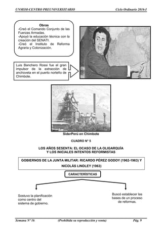 UNMSM-CENTRO PREUNIVERSITARIO Ciclo Ordinario 2016-I
Semana Nº 16 (Prohibida su reproducción y venta) Pág. 9
SiderPerú en Chimbote
CUADRO N° 5
LOS AÑOS SESENTA: EL OCASO DE LA OLIGARQUÍA
Y LOS INICIALES INTENTOS REFORMISTAS
CARACTERÍSTICAS
Sostuvo la planificación
como centro del
sistema de gobierno.
Buscó establecer las
bases de un proceso
de reformas.
GOBIERNOS DE LA JUNTA MILITAR: RICARDO PÉREZ GODOY (1962-1963) Y
NICOLÁS LINDLEY (1963)
Obras
-Creó el Comando Conjunto de las
Fuerzas Armadas.
-Apoyó la educación técnica con la
creación del SENATI.
-Creó el Instituto de Reforma
Agraria y Colonización.
Luis Banchero Rossi fue el gran
impulsor de la extracción de
anchoveta en el puerto norteño de
Chimbote.
 