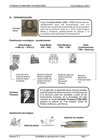 UNMSM-CENTRO PREUNIVERSITARIO Ciclo Ordinario 2016-I
Semana Nº 1 (Prohibida su reproducción y venta) Pág. 3
IV. PERIODIFICACIÓN
Clasificación cronológica – acontecimental
Edad Antigua
4 000 a.C. – 476 d.C.
Edad Media
476 – 1453
Edad Moderna
1453 – 1789
Edad
Contemporánea
1789 – hasta hoy
Christian
Thomsen
Clasificación tecnológica
Edad de piedra
Edad de los metales
En el siglo XIX, el desarrollo de las ciencias sociales
permitió ampliar la historia humana. La historia previa
a la escritura podía ser estudiada a partir de las
herramientas humanas, de la tecnología. En este
contexto, el danés Christian Thomsen (1788-1865)
propuso el sistema de “Tres Edades” (Edad de
Piedra, de Bronce y de Hierro).
Invención de la
escritura hasta la
caída de Roma
occidental.
Desde la caída de
Roma occidental
hasta la caída del
Imperio Romano
de Oriente.
Desde la caída del
Imperio bizantino
hasta la
Revolución
francesa.
Desde la
Revolución
Francesa hasta
hoy.
Según Cristóbal Keller (1638 - 1707) Filósofo alemán,
representante típico del eurocentrismo, hizo una
división que comprende el desarrollo de la humanidad a
partir de la escritura hasta el s. XVIII: Edad Antigua,
Media y Moderna, posteriormente se agregó a su
cronología la llamada Edad Contemporánea.
Cristóbal
Keller
 